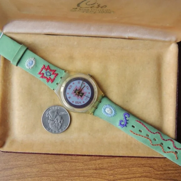 Vintage 1993 Swatch Quartz Watch CUZCO Pink Blue Face w Free 